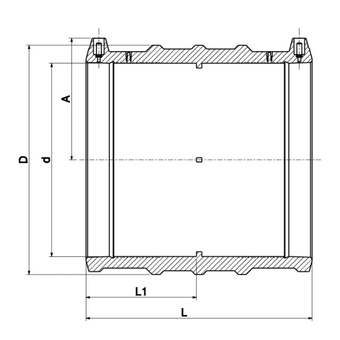 Technical dimension drawing of a square bracket or frame component, showing labelled dimensions D, d, A, L1, L, and hatching on the top and bottom flanges.