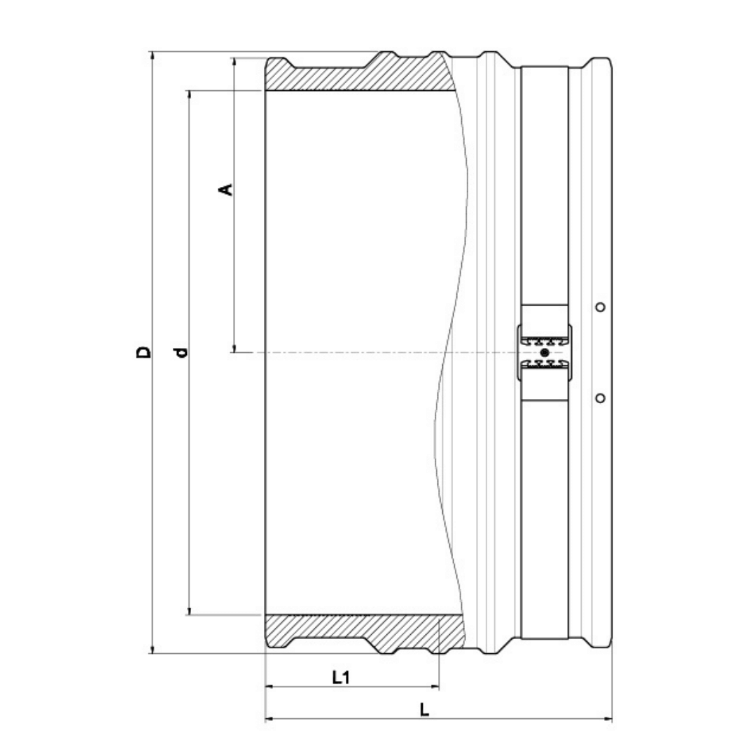 Technical dimension diagram of a cylindrical mechanical component, showing labelled measurements D, d, A, L1, and L on a white background.