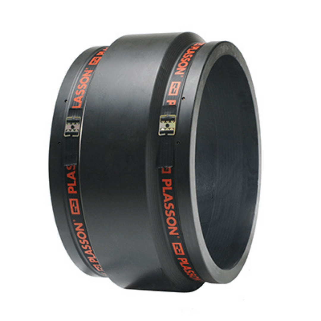 Black pipe fitting with 'Plasson' branding on a white background