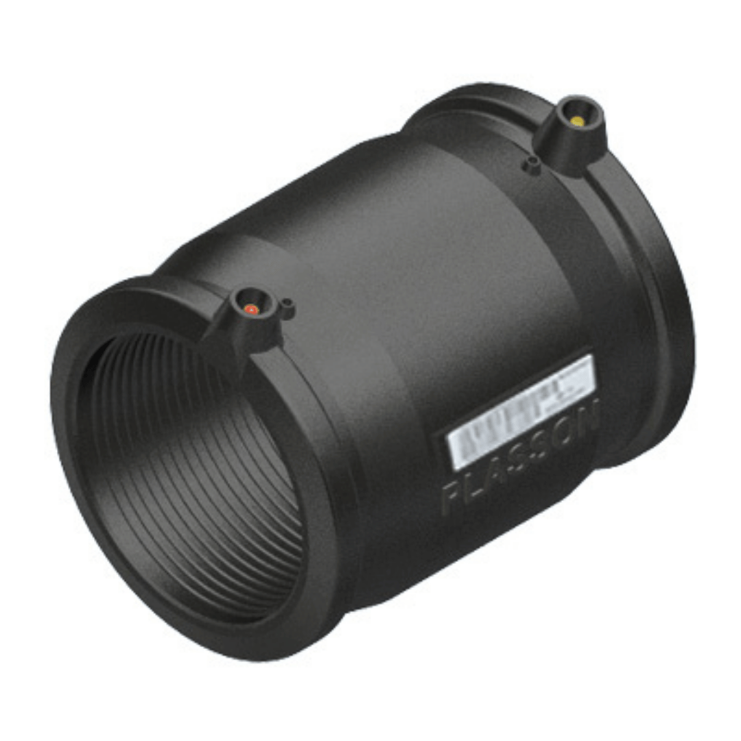 A black Plasson industrial pipe coupling fitting with threaded ends, featuring two small sensor ports and a white brand label on a clean white background.