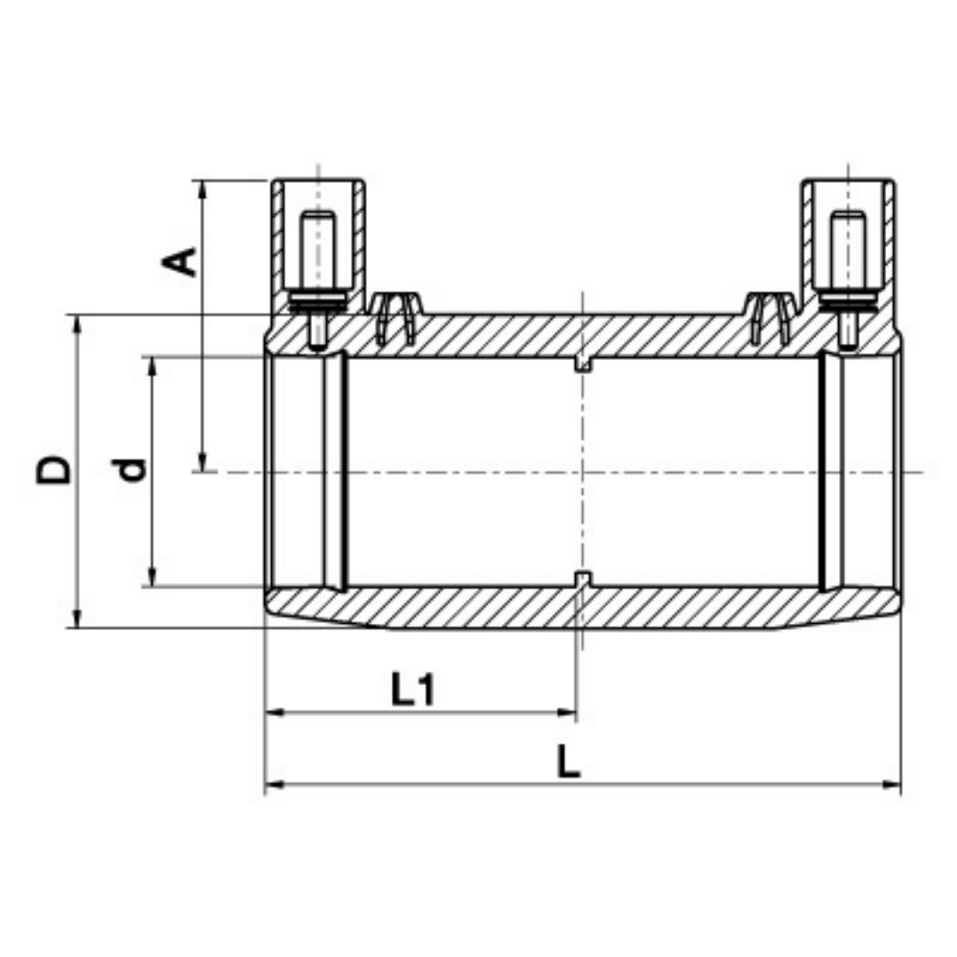 Technical cross-section dimension diagram of a cylindrical mechanical fitting or bushing with bolt holes, showing labelled dimensions D, d, A, L1, L, and a centre dimension.