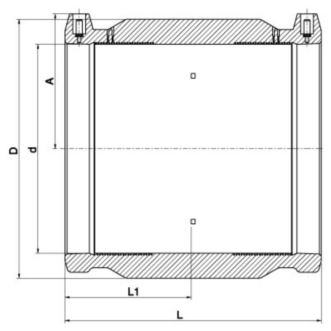 Technical dimension diagram of a cylindrical sleeve or bushing cross-section, showing labelled dimensions D, d, A, L, and L1 with hatched material areas and measurement guides.