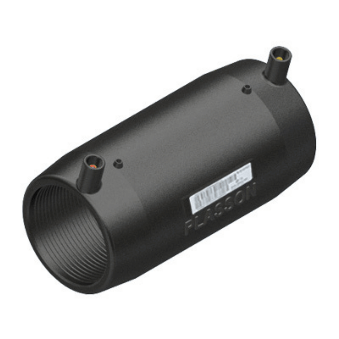 Black cylindrical device with a label on a white background
