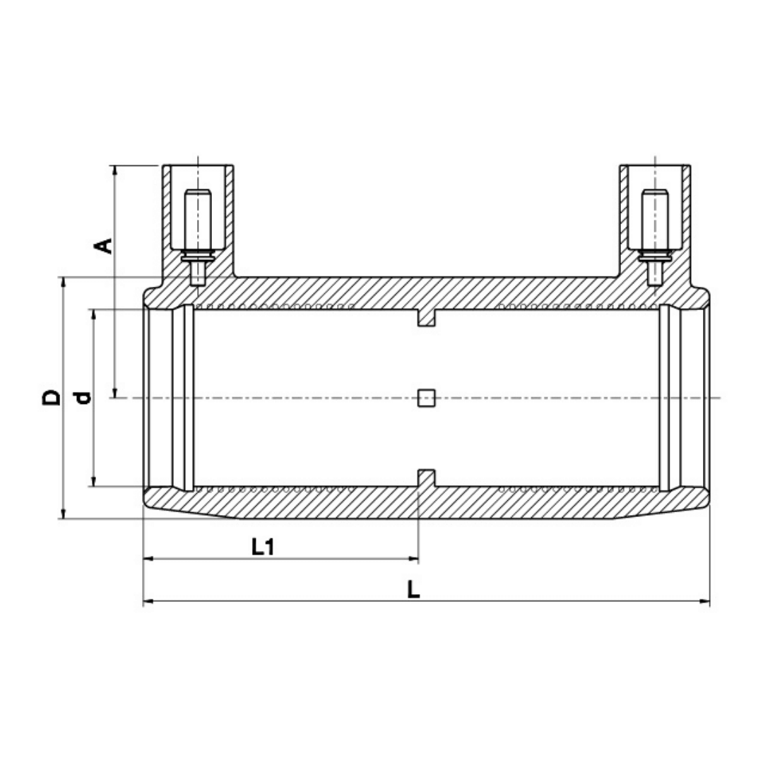 Technical cross-section dimension diagram of a cylindrical pipe fitting or connector, showing labeled dimensions A, D, d, L, L1, and L2 on a white background.