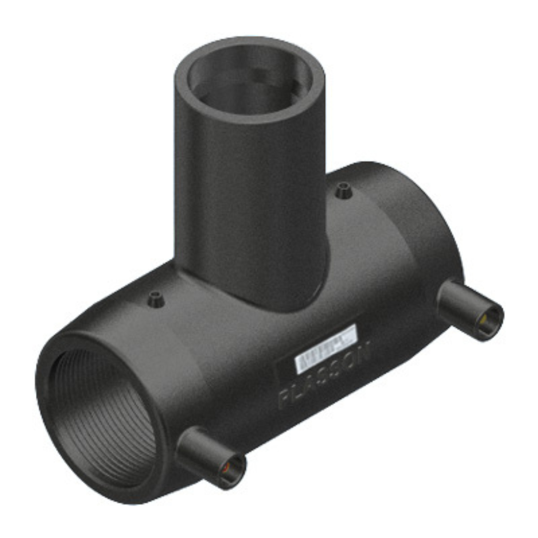 A black plastic T-shaped pipe fitting with threaded ends and two short side connectors, shown on a plain white background.