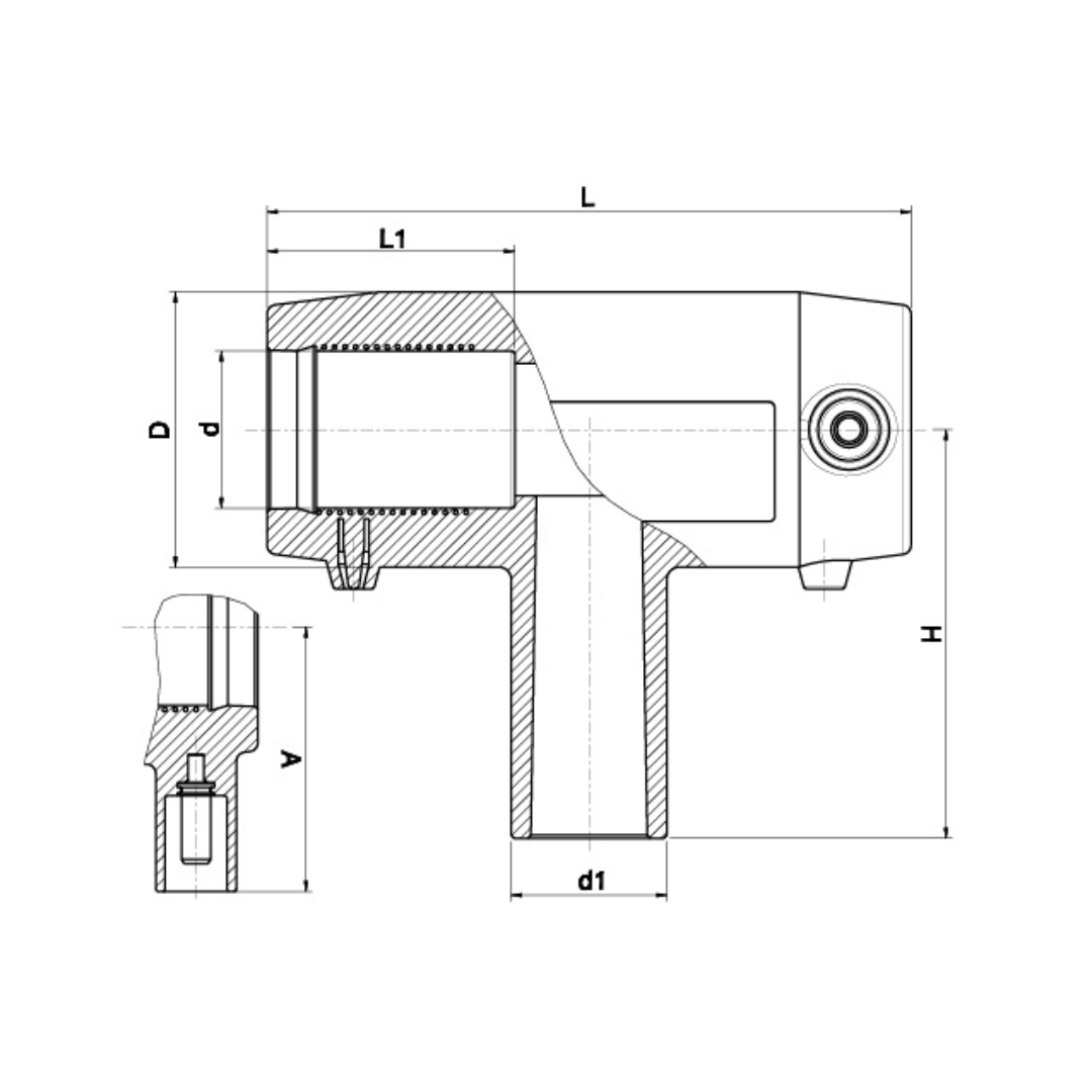 Technical line drawing of a metal mechanical component with dimension labels L, D, H, d, d1, and V on a white background.