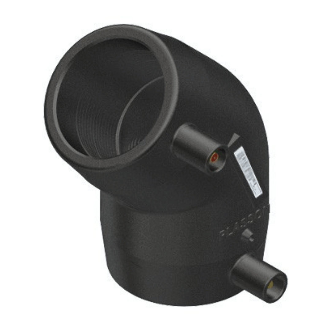 Black 45 degree elbow on a white background