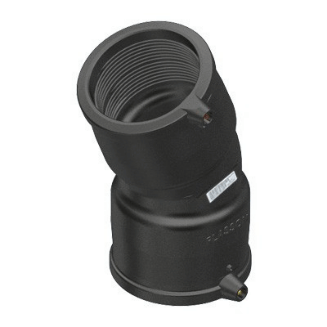 Black plastic elbow fitting on a white background