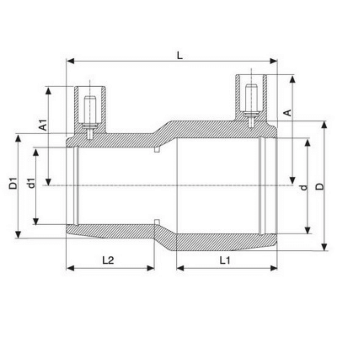 Technical dimension diagram of a pipe fitting with labelled measurements including L, D, A, D1, d1, L1, and L2 on a white background.