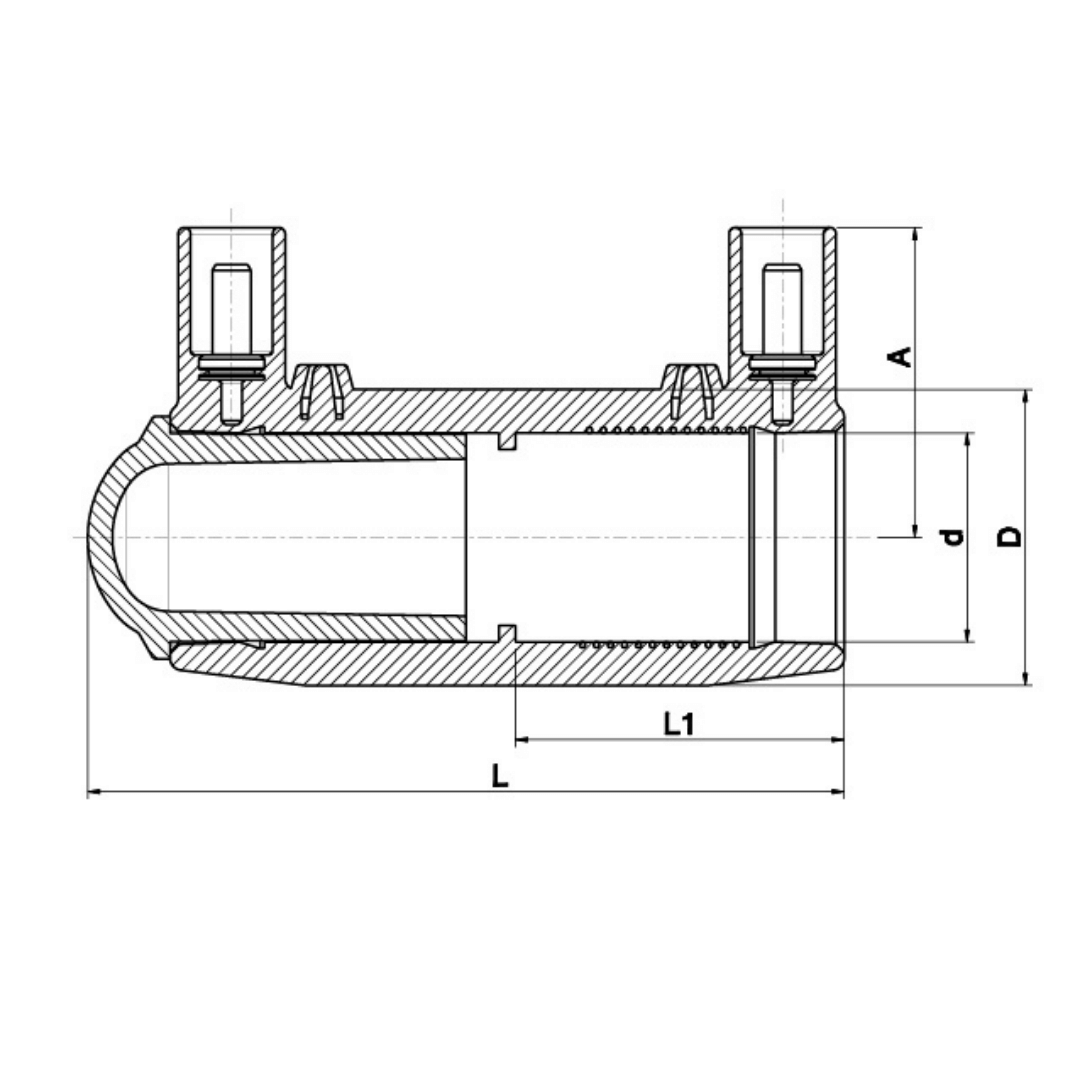 Technical cross-section dimension diagram of a cylindrical connector or fitting, showing labelled dimensions A, d, D, L, L1, and overall length on a white background.