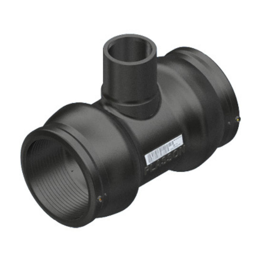A black plastic T-joint pipe connector with threaded ends, shown on a solid white background. The brand name 'Plasson' is embossed on the side next to a white label.