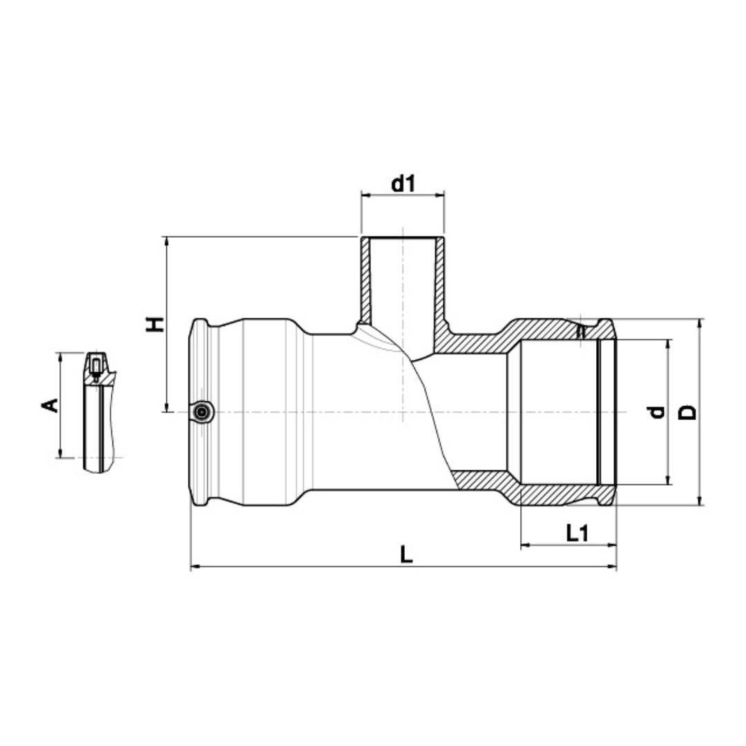 Technical dimension drawing of a metal hose connector or coupler with labelled dimensions including A, H, d1, D, d, L, L1, and R on a white background.