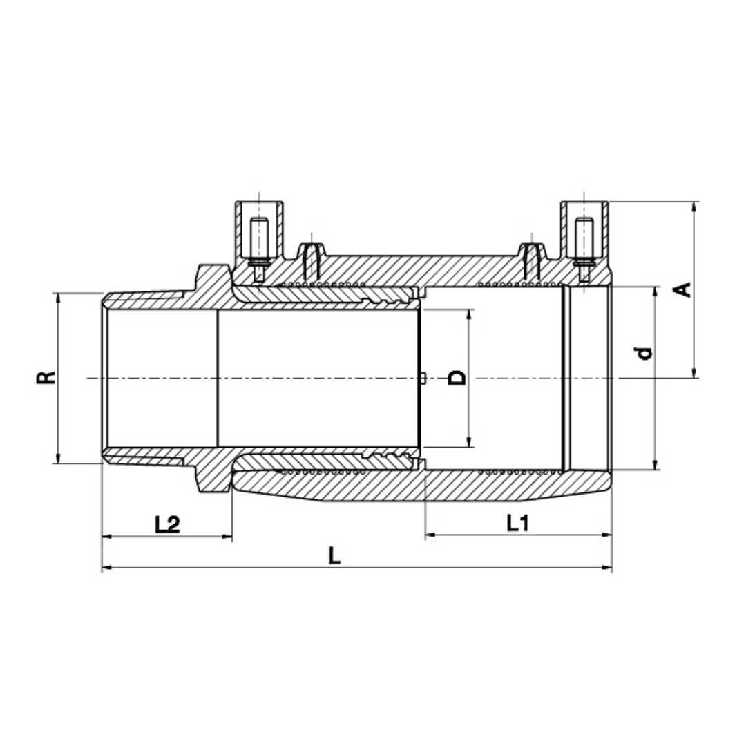 Technical cross-section dimension diagram of a metal pipe connector or fitting, showing labelled dimensions R, D, d, A, L, L1, L2, and L on a white background.
