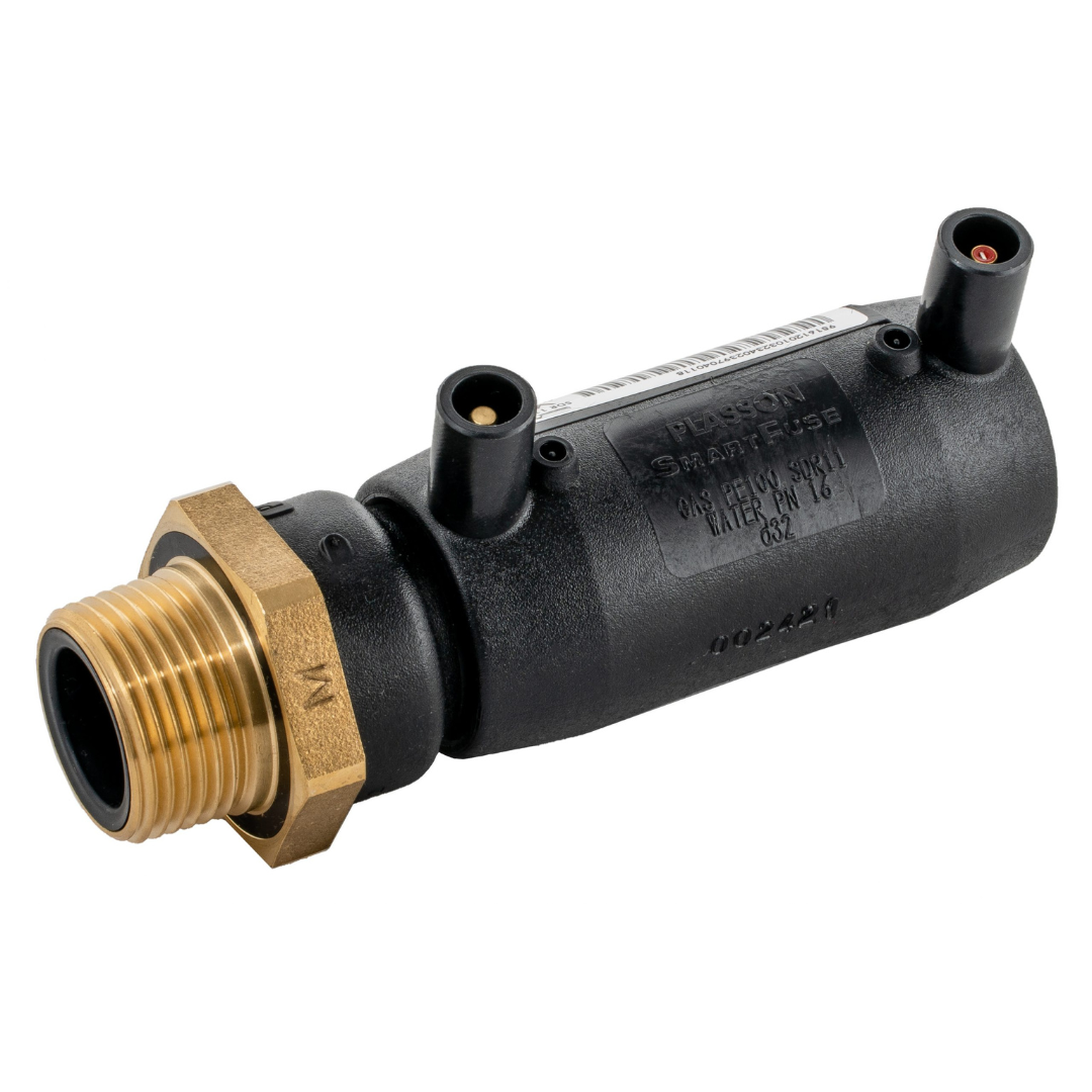 A Plasson pipe coupler with a black body and a brass male threaded connector on a white background.