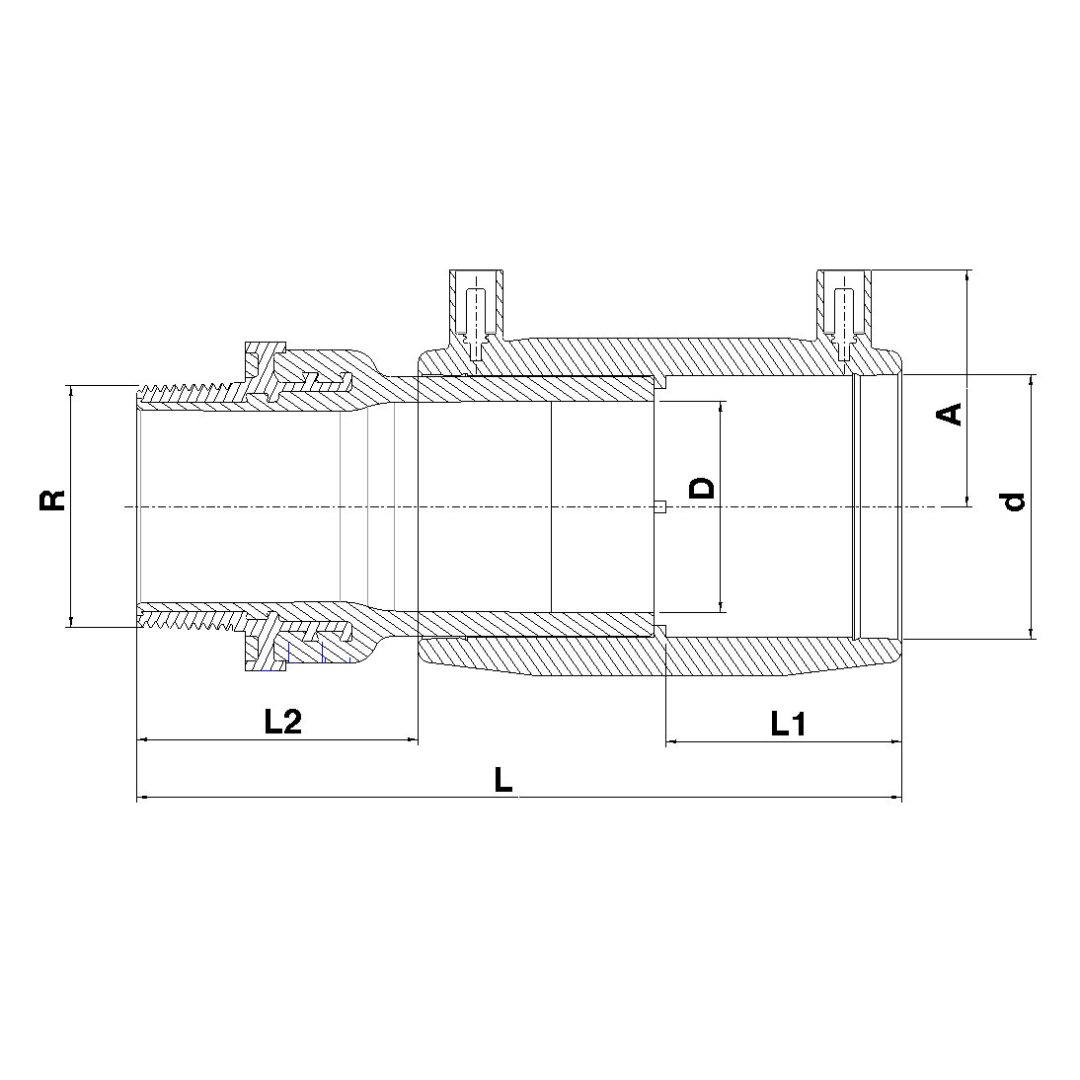 Technical dimension diagram of a cylindrical mechanical fitting or hose connector, showing labelled dimensions R, L, L1, L2, D, A, and d on a white background.