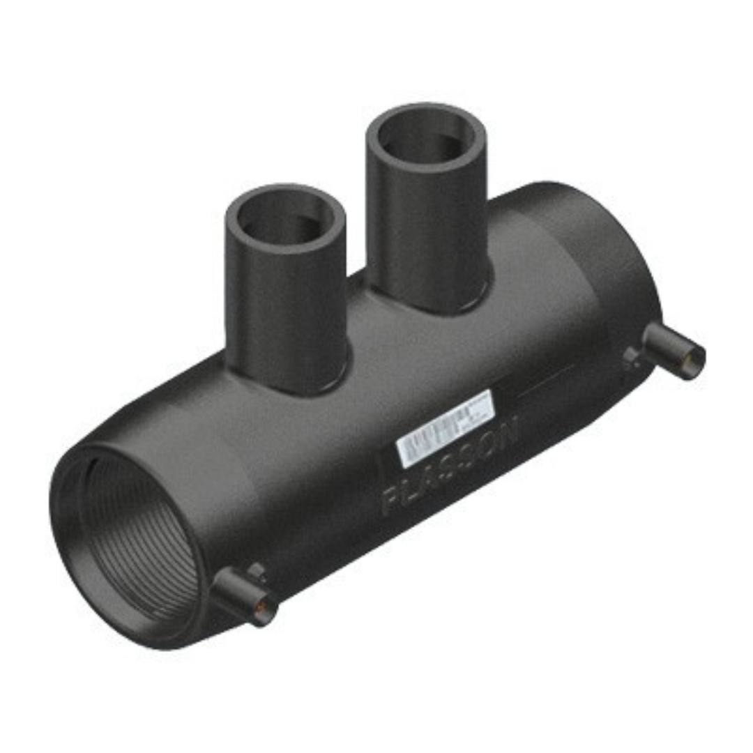 Black pipe component with multiple cylindrical ports on a white background
