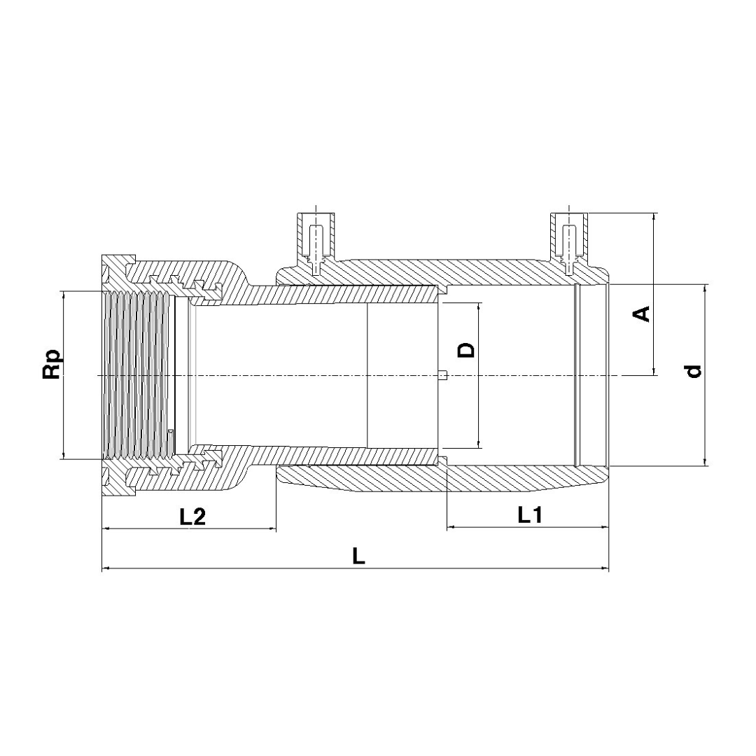 Technical cross-section dimension diagram of a metal pipe connector with labelled dimensions including L, D, A, d, Rp, L1, and L2 on a white background.