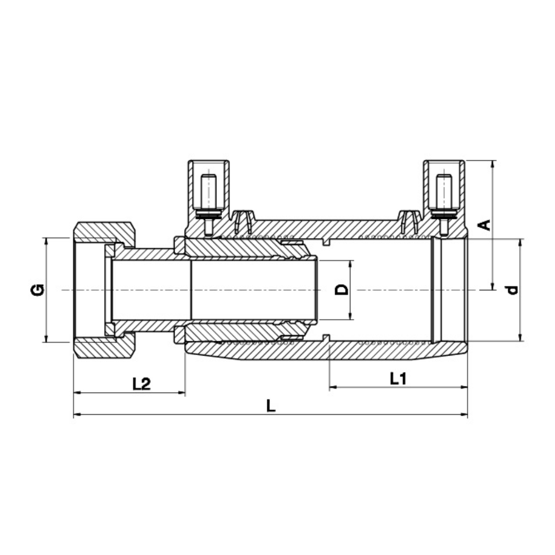 Technical cross-section dimension diagram of a metal fitting or connector, showing labelled dimensions G, D, A, d, L2, L1, and L on a white background.