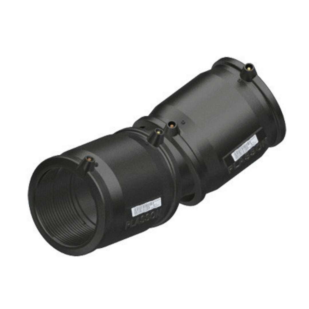 A black cylindrical industrial adapter or coupler with threaded ends and small white labels, shown on a plain white background.