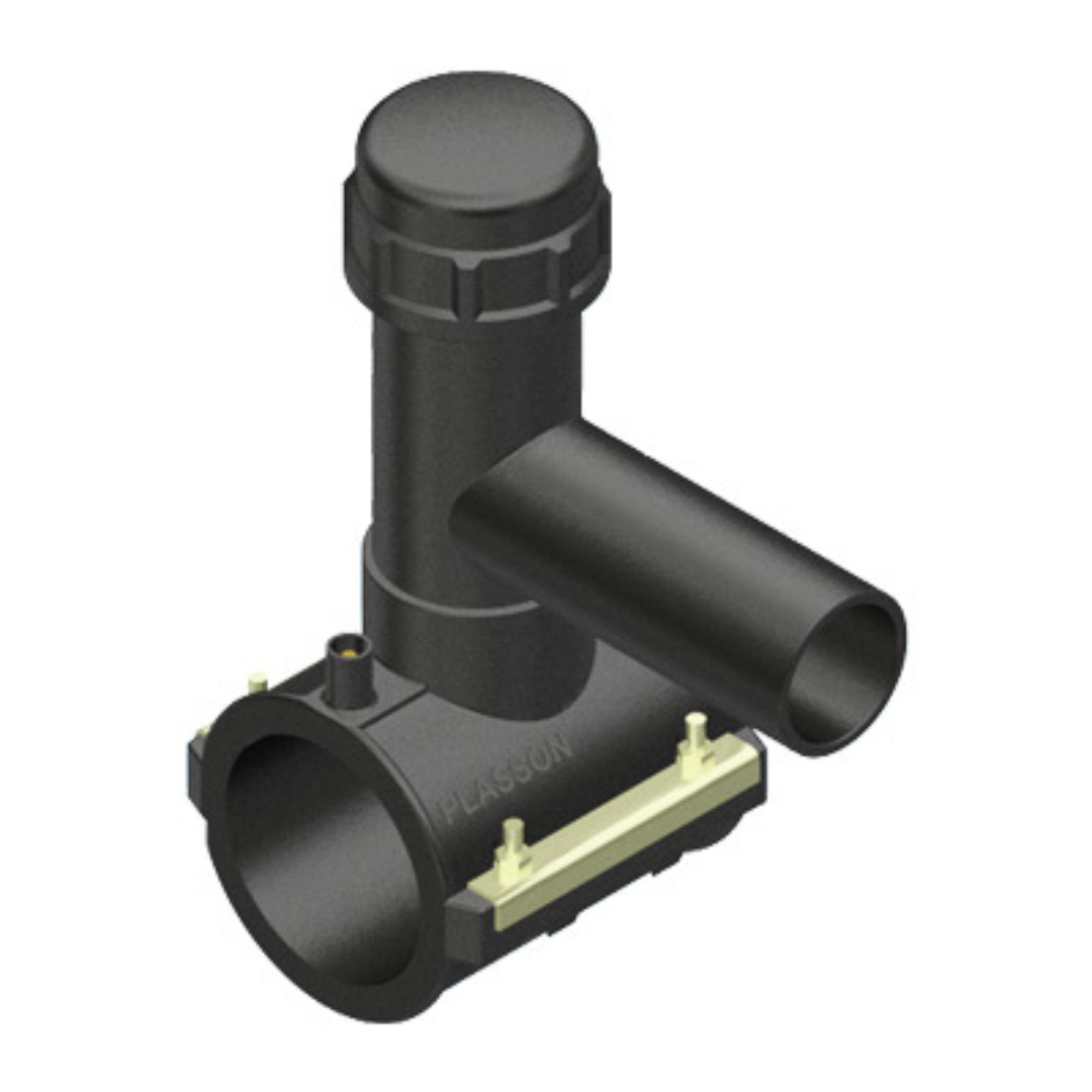 A black plastic plumbing fitting with a T-shaped branch and a flange connection, featuring a gold-coloured spring clip on the flange. The brand name 'PLASSON' is embossed on the side.