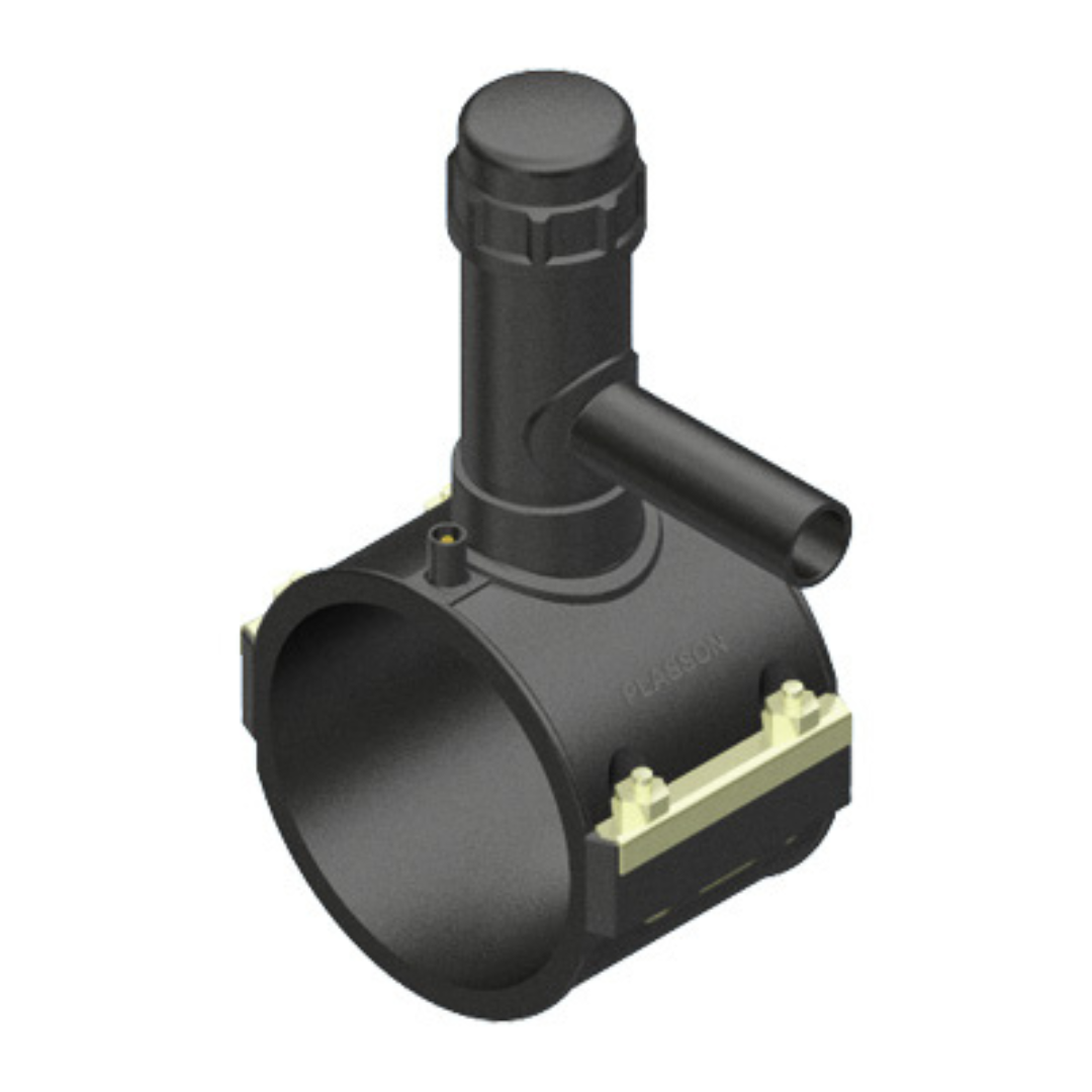 A black plastic plumbing fitting with a vertical neck, horizontal branch, and gold-coloured metal clamp components, shown on a plain white background.