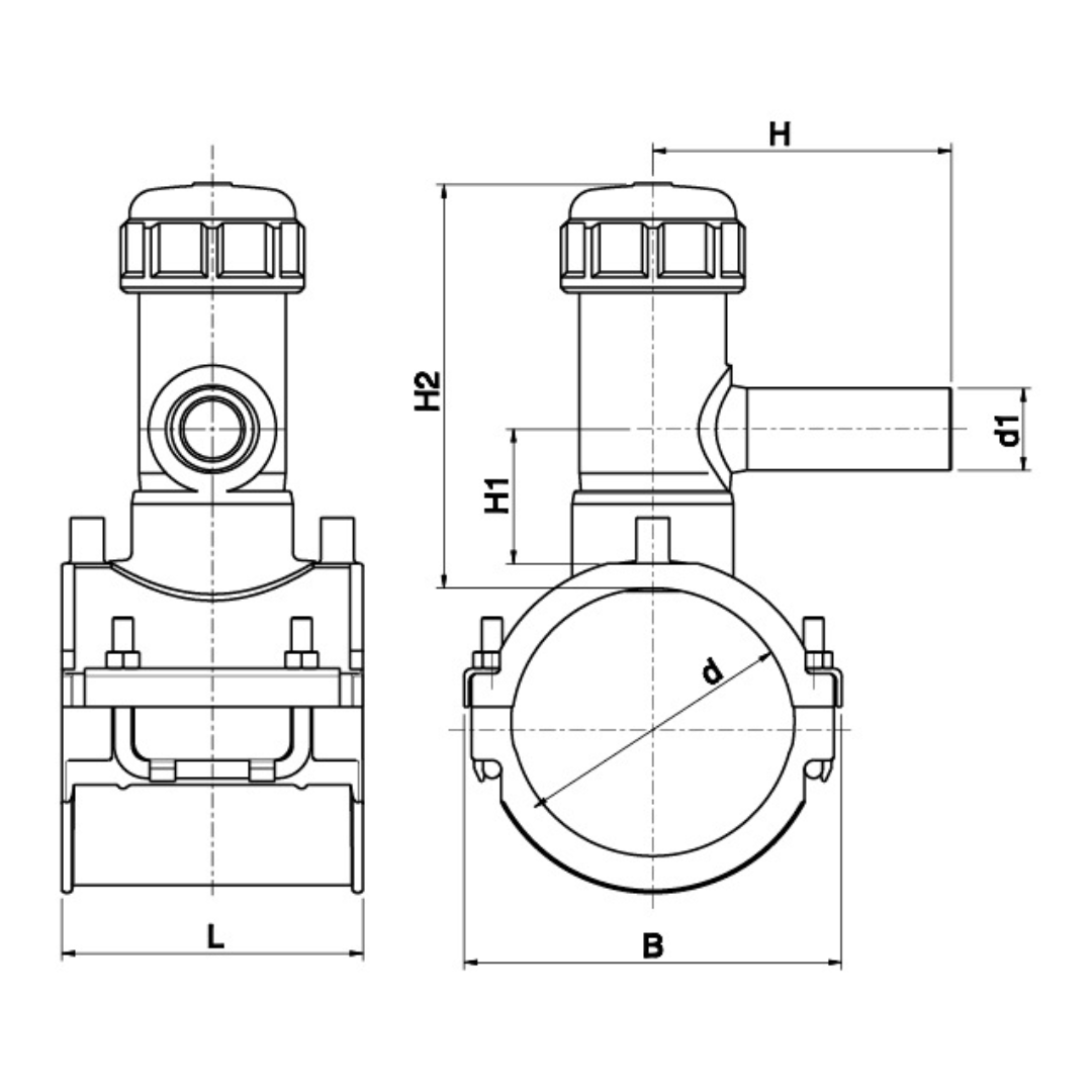 Technical dimension drawing of a valve or fitting component, showing front and side views with labelled dimensions L, B, H, H1, H2, and d.