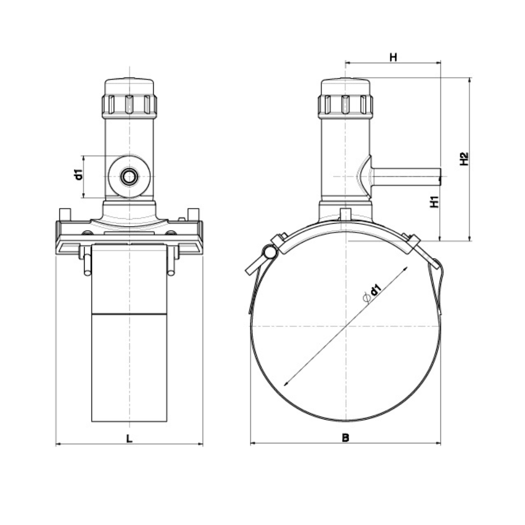 Technical dimension drawing of a cylindrical mechanical component with front and side views, showing labelled dimensions H, H1, H2, d1, L, and B on a white background.