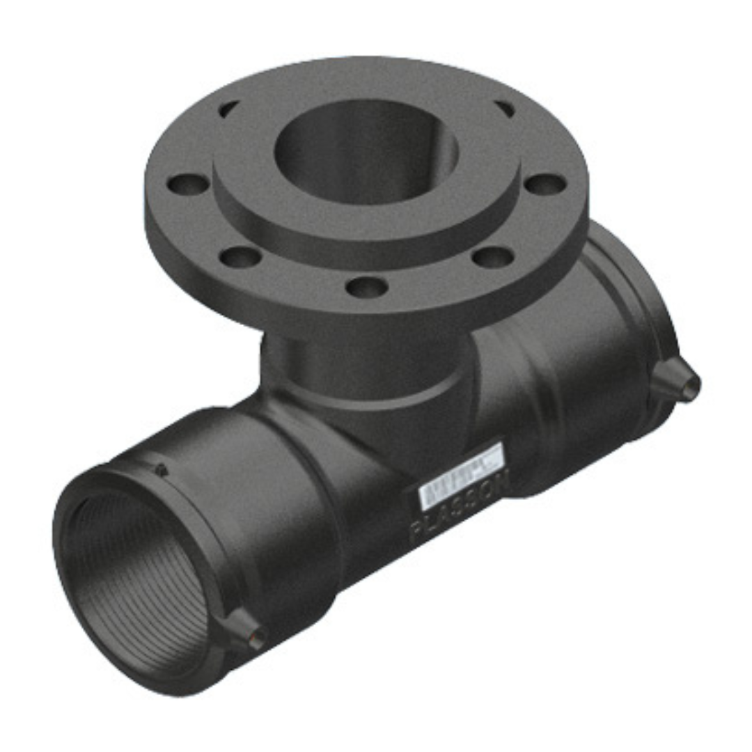 A black T-shaped pipe fitting with a flanged connection on top and a threaded connection on the side, shown on a plain white background.