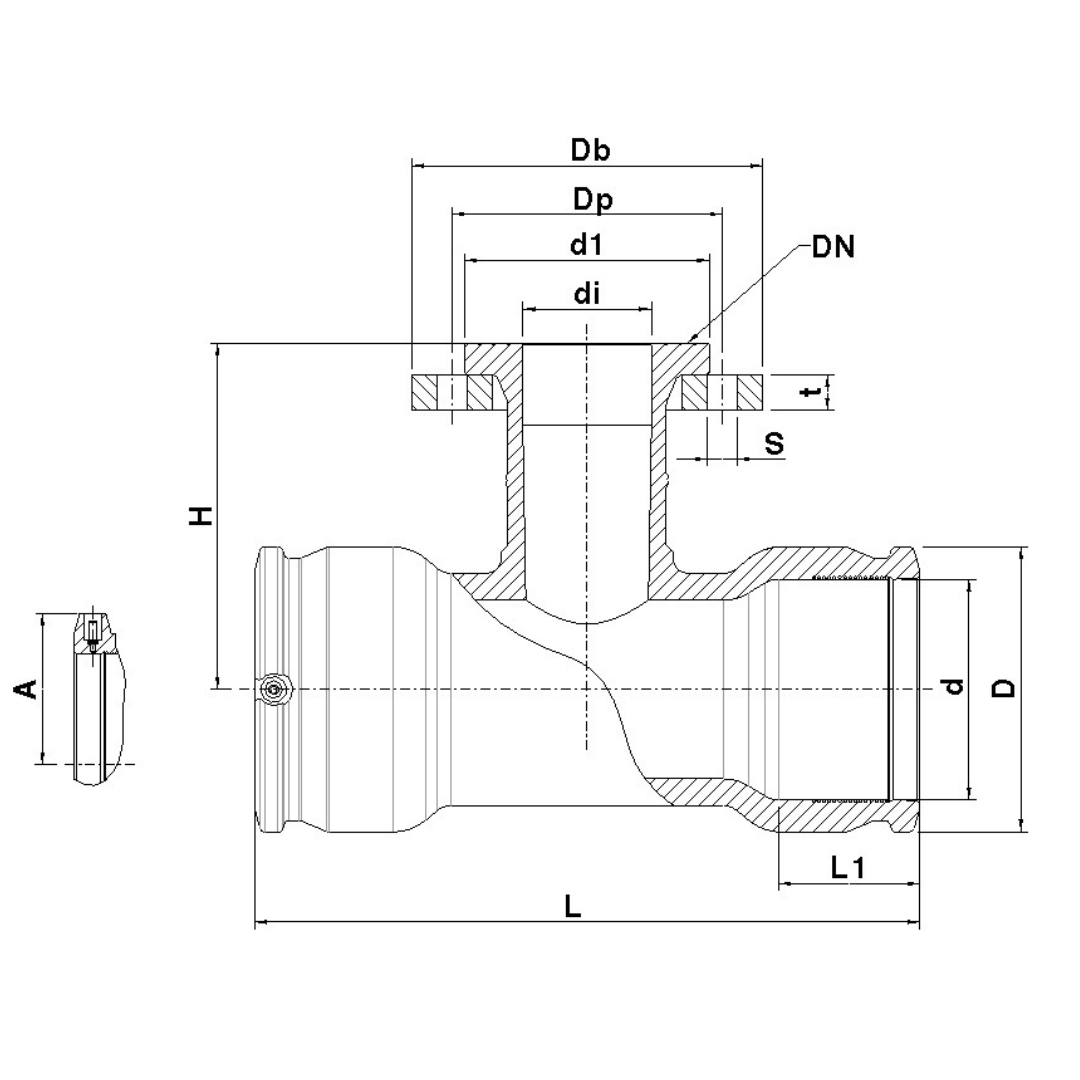Technical drawing for the Plasson 499404 PN16 Electrofusion Flanged Tee