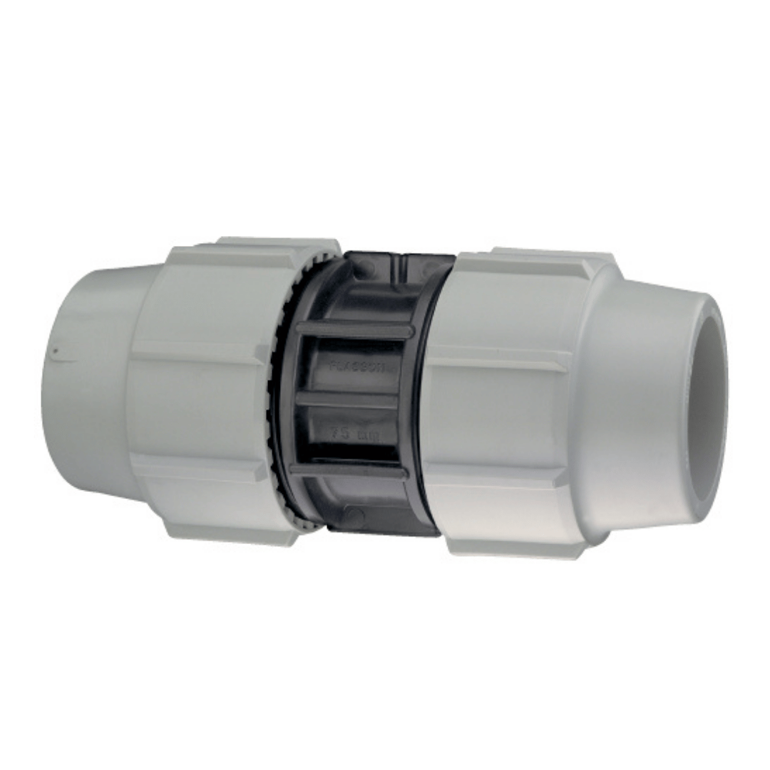 A white plastic cross connector fitting with a black center section, shown on a plain white background.