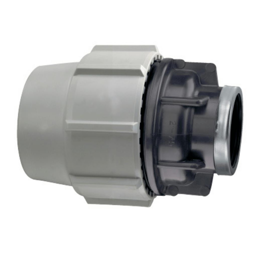 A plumbing fitting connector with a white body and a black section, shown on a plain white background.