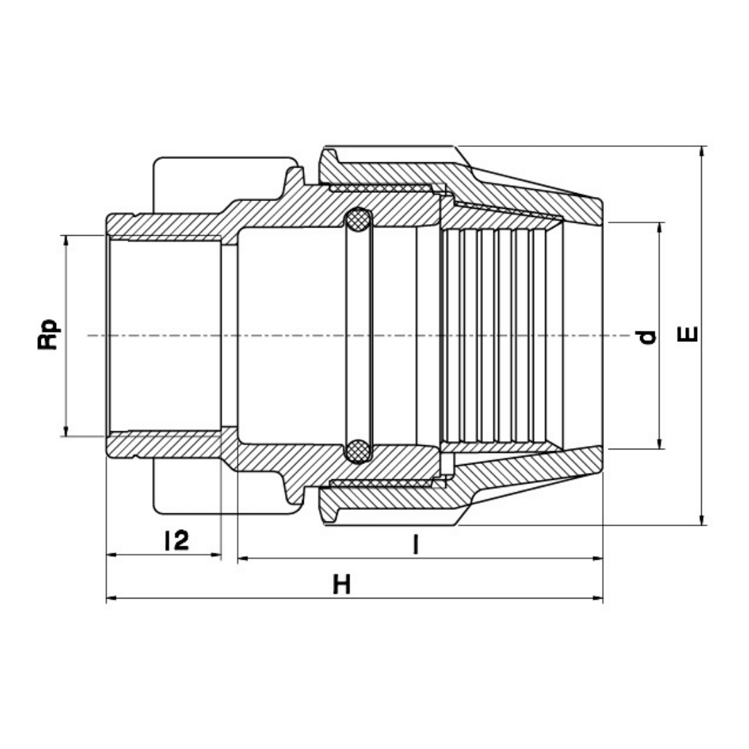 Technical cross-section dimension diagram of a threaded fitting or connector, with labeled dimensions Rp, d, E, l, l2, and H on a white background.