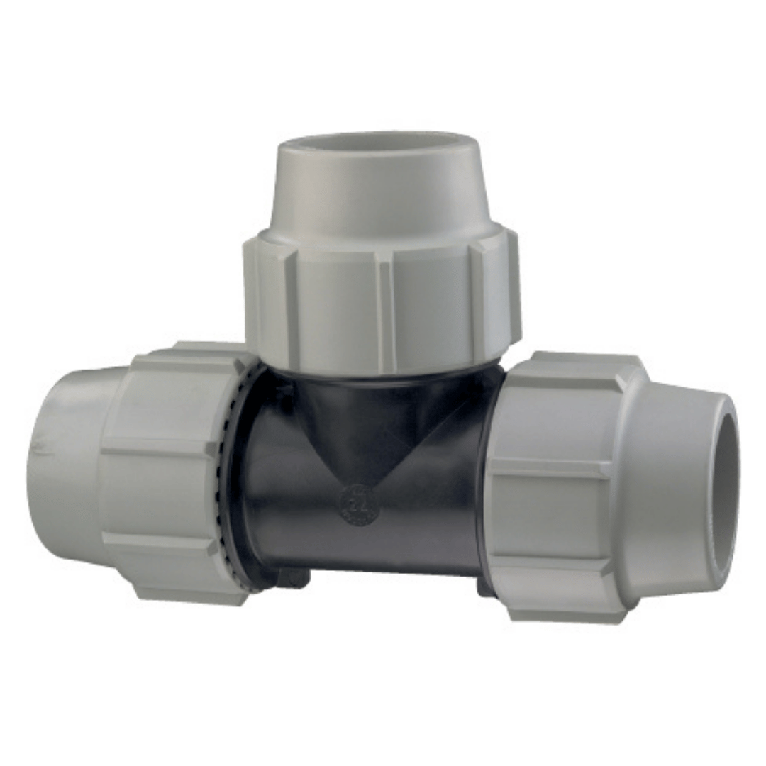 A white plastic T-joint pipe connector with a black central body, shown on a plain white background.
