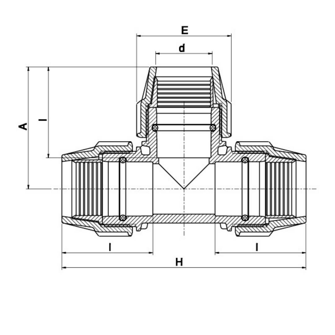 Technical cross-section diagram of a plumbing fitting with dimension labels A, d, E, H, and I on a white background.