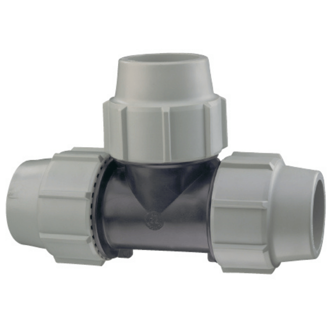 A white and black plastic T-joint pipe connector with three threaded ports, shown on a plain white background.
