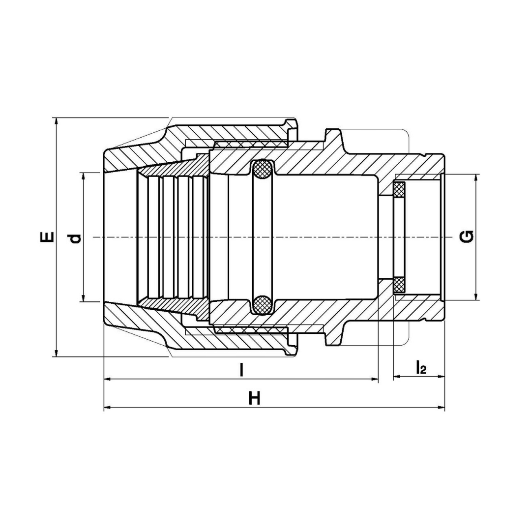 Technical cross-section dimension diagram of a female hose connector, showing labeled measurements E, d, G, l, H, and l2 on a white background.