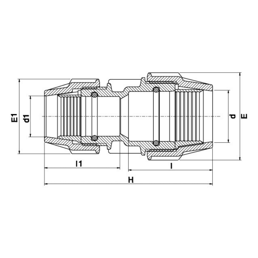 Technical cross-section dimension diagram of a pipe connector with labeled measurements including E, d, E1, d1, H, and l1 on a white background.
