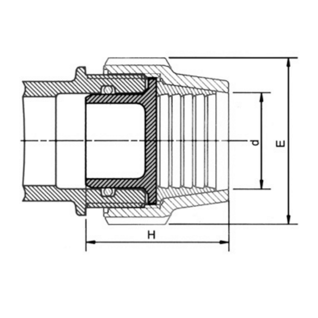 Technical cross-section diagram of a threaded connector or fitting with dimension labels H, d, and E on a white background.