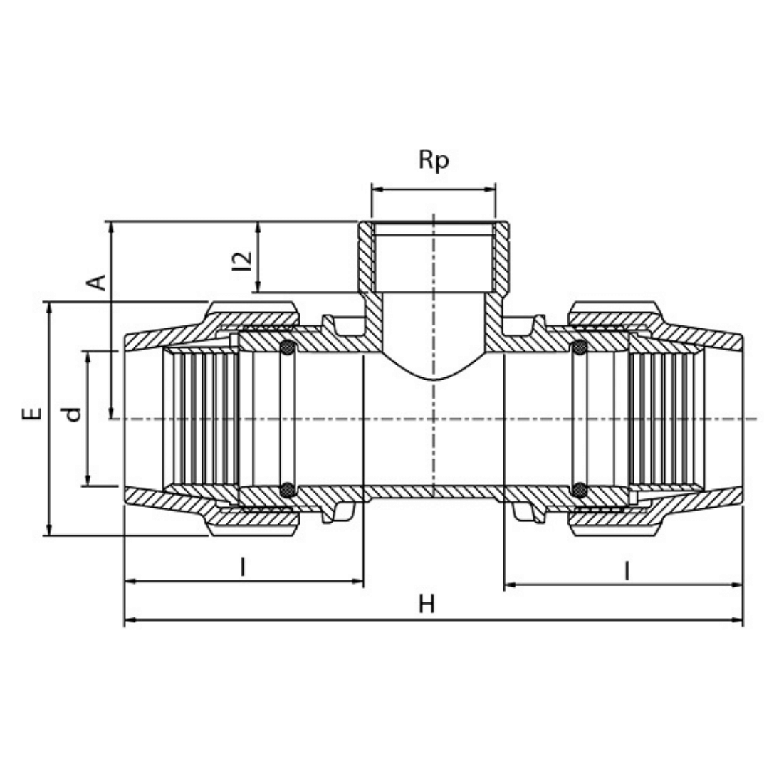 Technical cross-section dimension diagram of a pipe fitting with threads, showing labeled dimensions including Rp, H, I, E, d, A, and l on a white background.