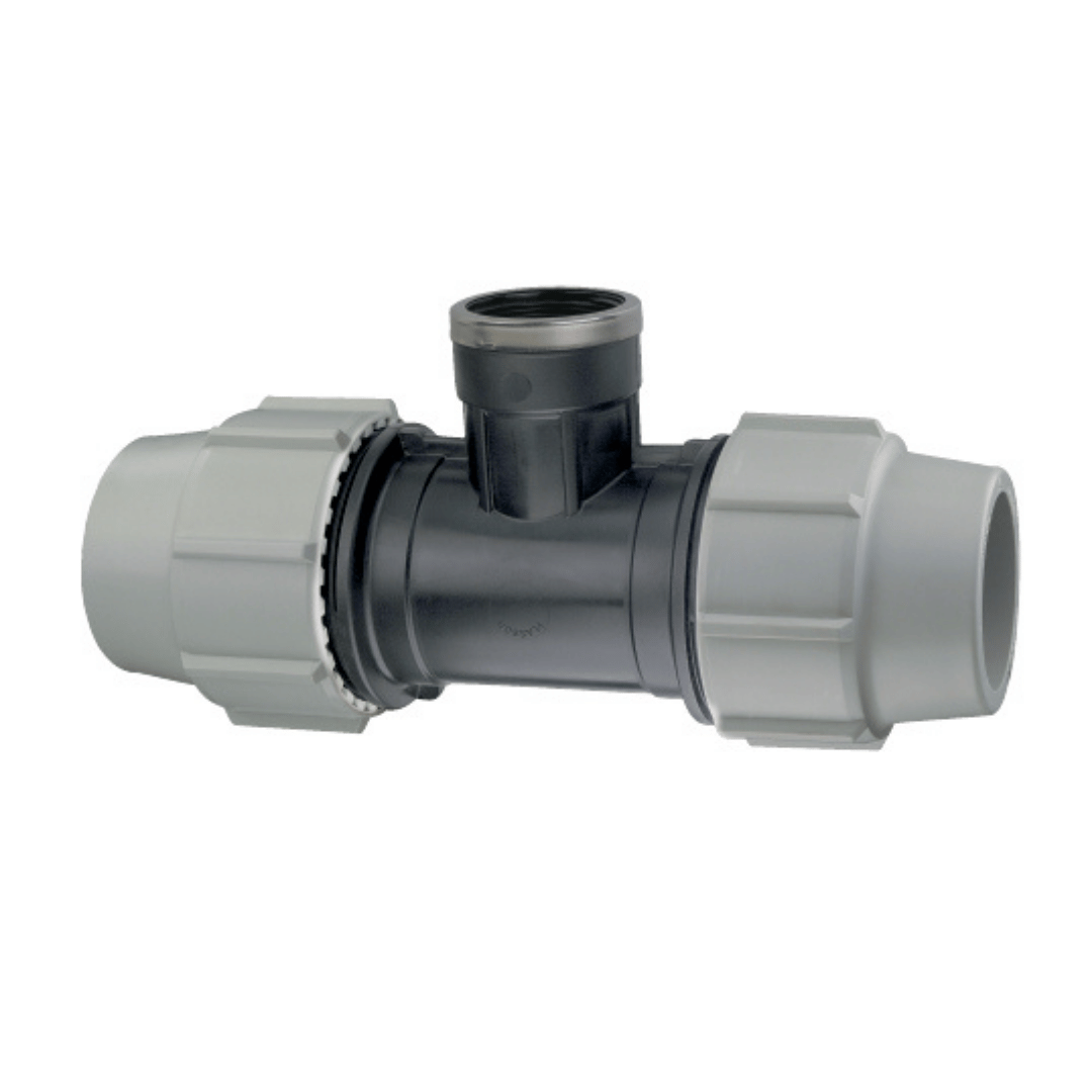 A black plastic T-joint pipe connector with white couplings on both ends, shown on a plain white background.