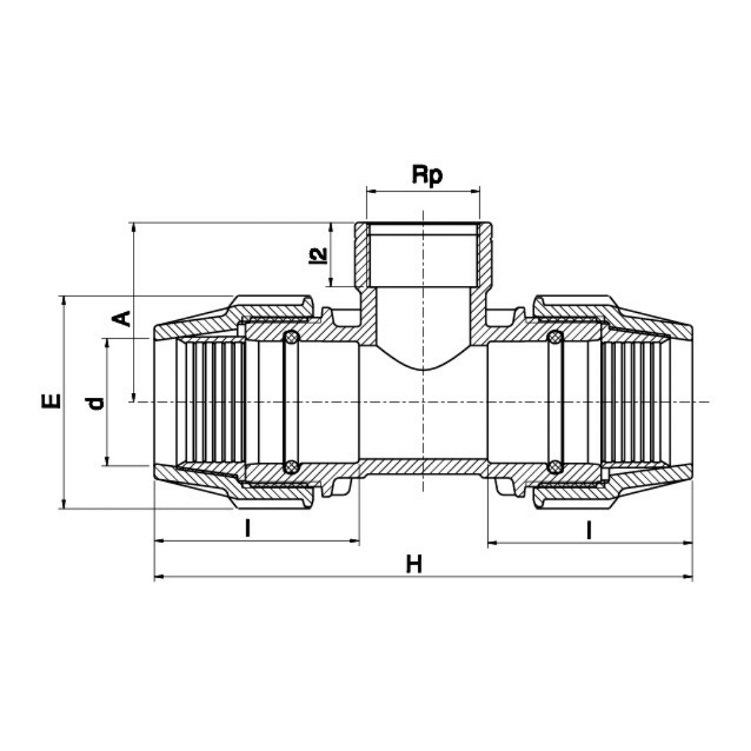 Technical cross-section diagram of a pipe fitting with dimension labels including Rp, H, I, E, A, d, and L on a white background.