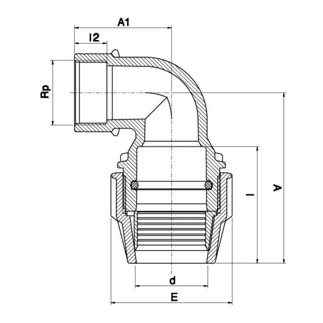 Technical line drawing of a threaded elbow pipe fitting with dimension labels A1, Rp, l, d, E, and A on a white background.