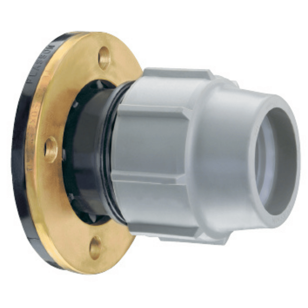 A plumbing pipe connector with a gold brass flange, a black rubber gasket, and a white plastic body, shown on a white background.