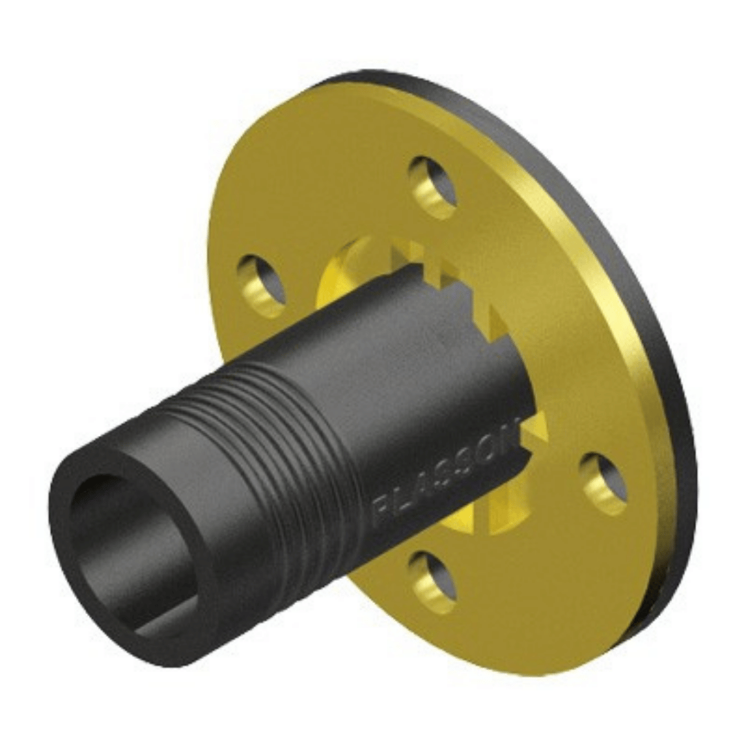 A black threaded mechanical adapter with a gold-coloured flange plate, featuring the brand name 'PLASSON' embossed on the black body, shown on a plain white background.