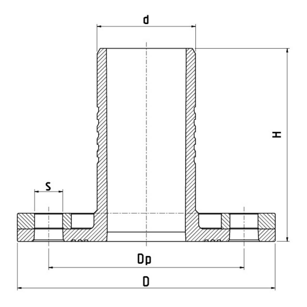 Technical cross-section diagram of a flanged pipe fitting with labelled dimensions D, O, H, d, Dp, S, and dp on a white background.