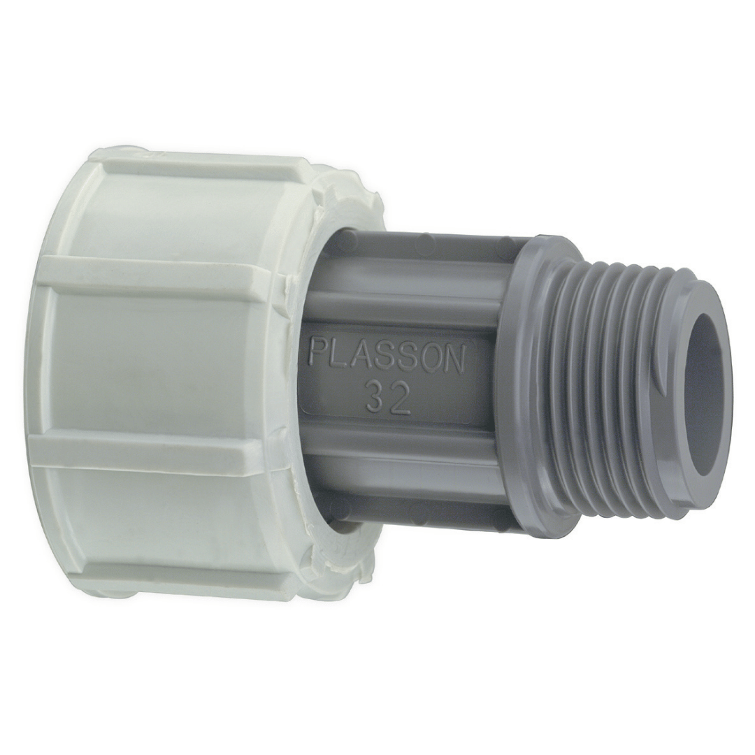 A black and white plastic plumbing connector fitting with a threaded male connection, featuring the embossed brand name 'PLASSON' and size '32' on the side.