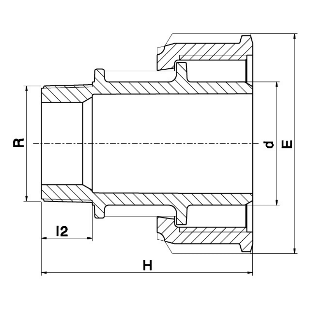 Technical cross-section dimension diagram of a cylindrical pipe fitting or connector, showing labelled dimensions R, d, E, H, and l2 on a white background.