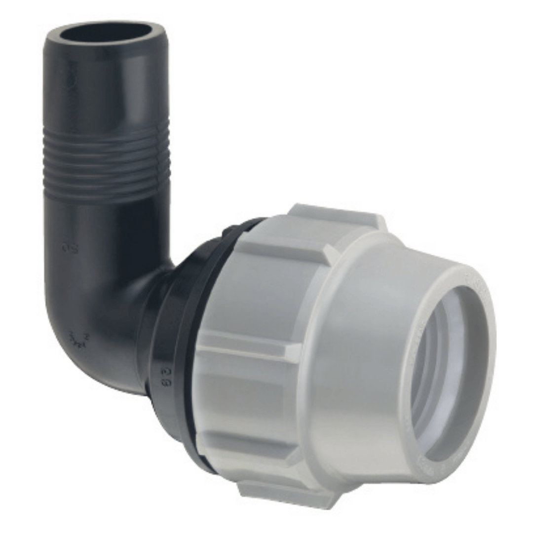 A black PVC elbow pipe connector with a white plastic threaded coupling, shown on a plain white background.