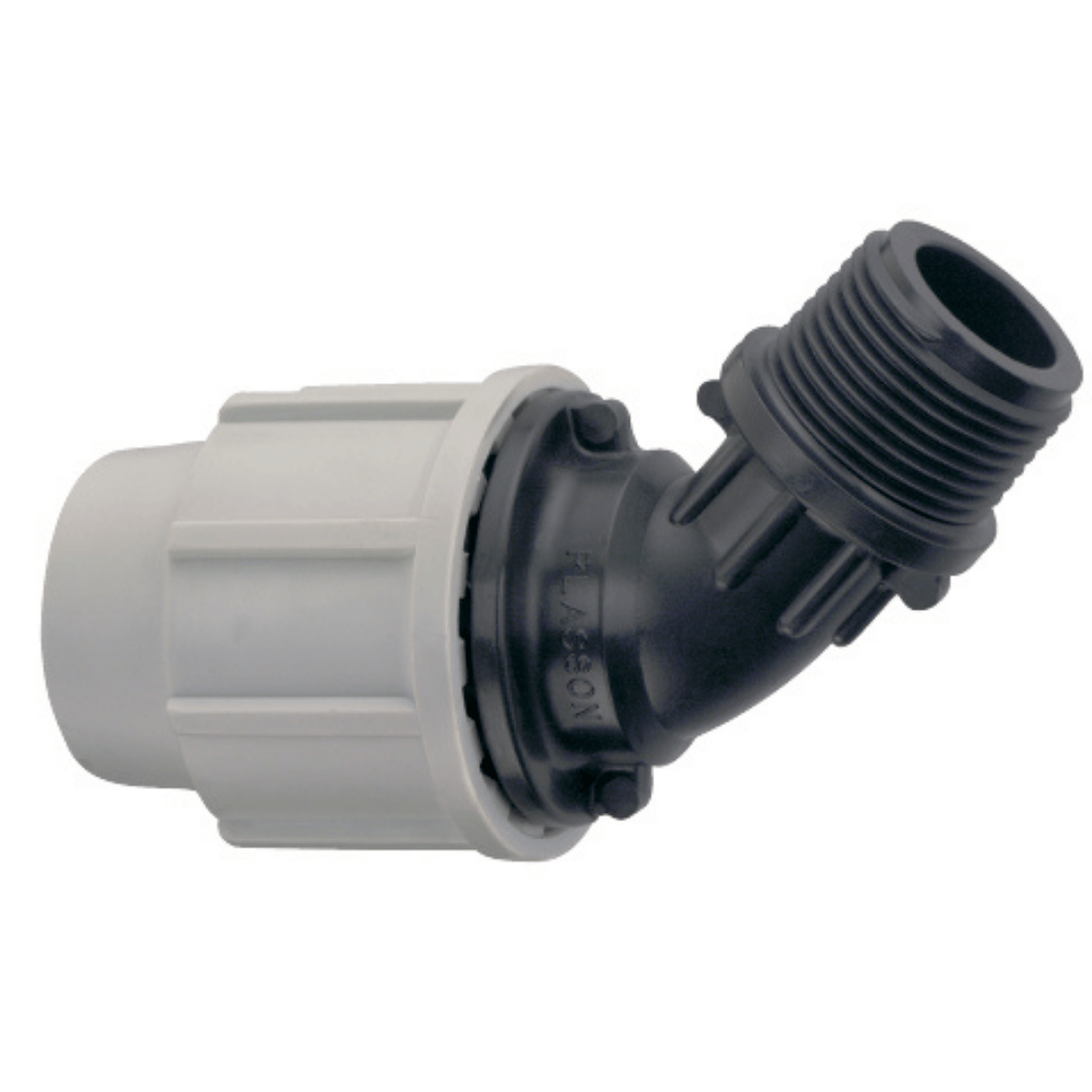 A plastic plumbing fitting with a white body and a black threaded elbow connector, shown on a plain white background.
