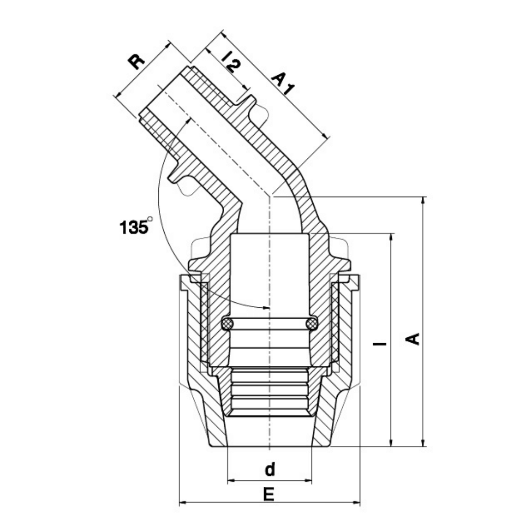 Technical line drawing of a 135-degree angled hose connector with dimension labels A, B, d, E, R, l2, and A1 on a white background.